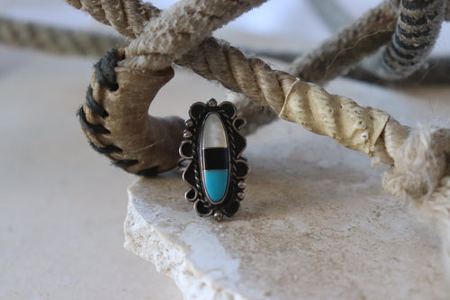 Turquoise, Mop, and Onyx Inlaid Ring