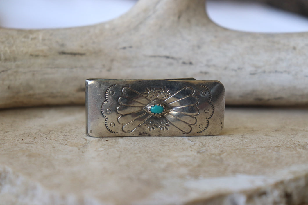 Navajo Nickel Silver Turquoise Stamped Money Clip