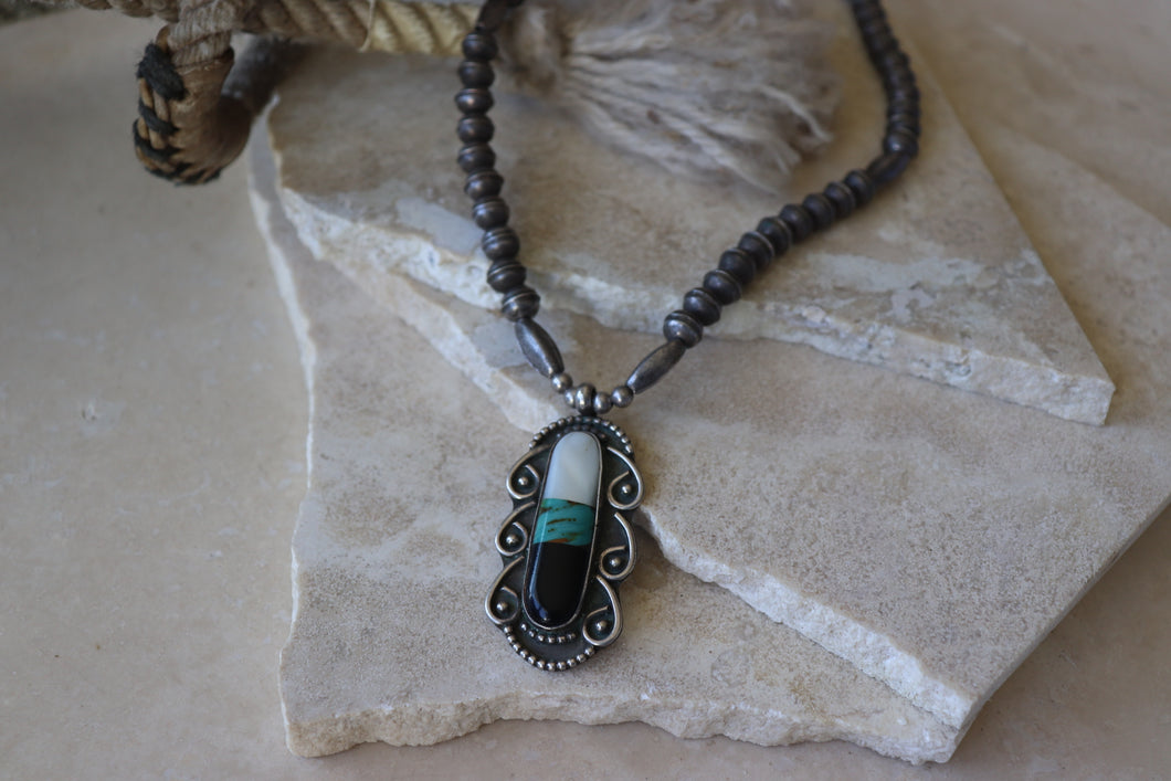 Turquoise, MOP, Onyx Navajo Pearl Necklace